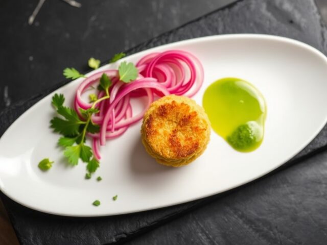 Kroketje van kabeljauwbrandade, gemarineerde rode ui en emulsie van peterselie