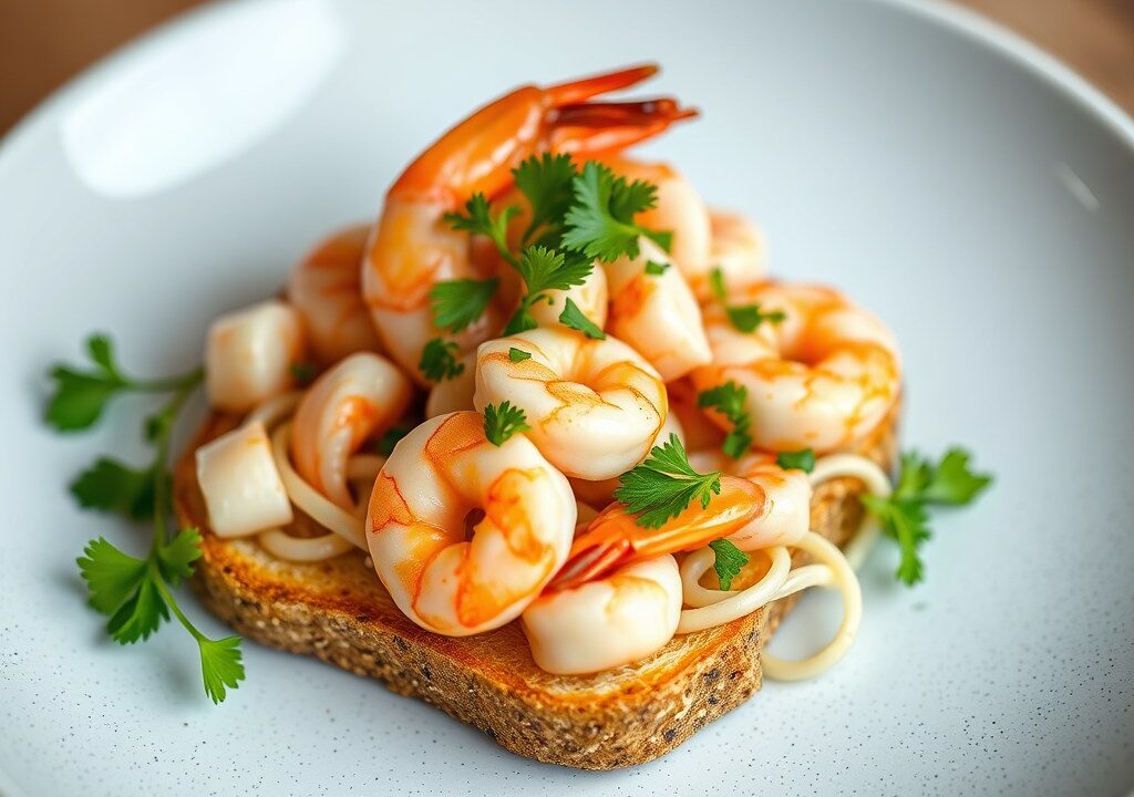 Kruidensalade met garnalentoastjes, AI-gegenereerde illustratie