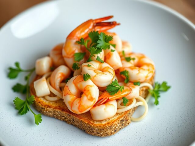 Kruidensalade met garnalentoastjes — AI-gegenereerde illustratie