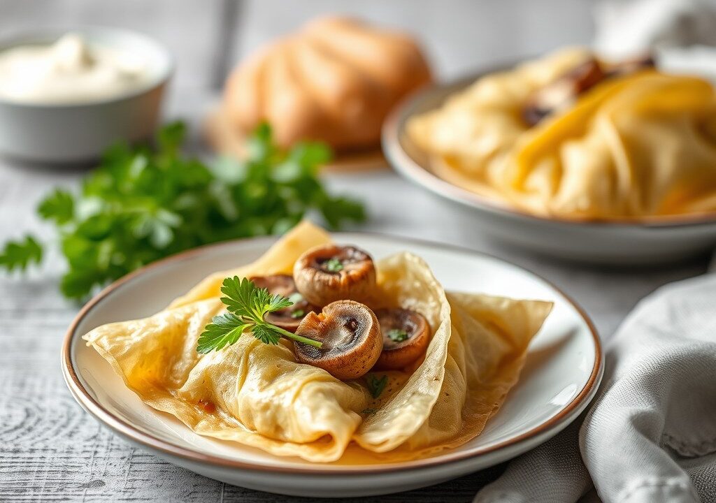 Kruidige filo-pakjes, gevulde champignons en gevulde pastaschelpen, AI-gegenereerde illustratie
