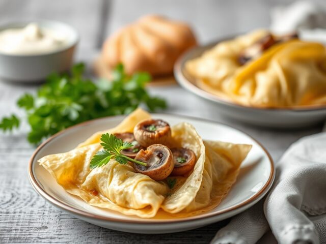 Kruidige filo-pakjes, gevulde champignons en gevulde pastaschelpen
