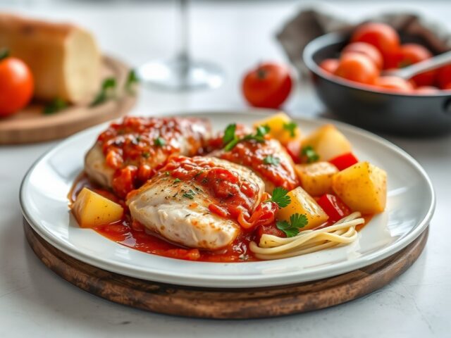 Kruidige kip met tomatensaus en aardappelen