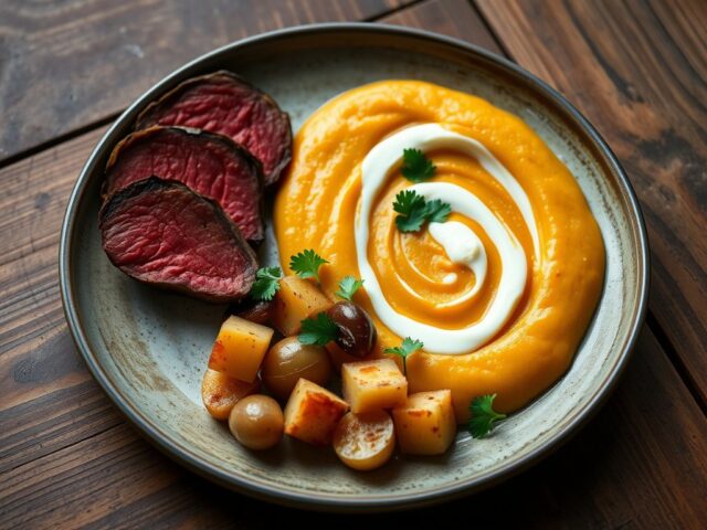 Kruidige Pompoen Purée met Rosbief uit de Oven
