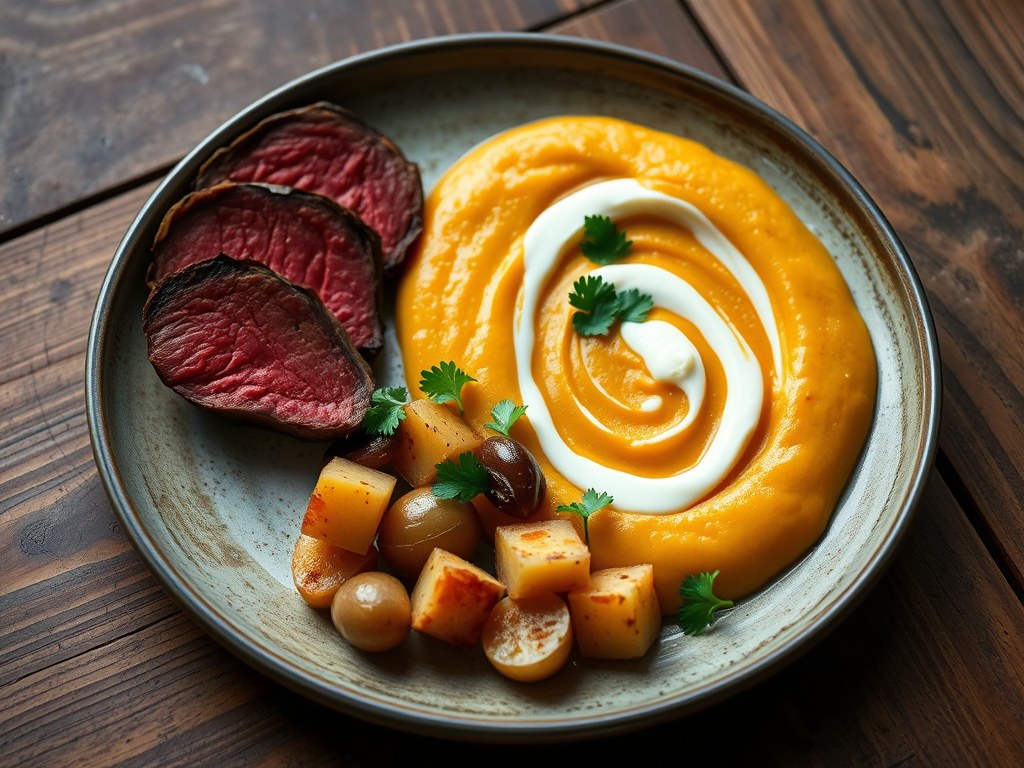 Kruidige Pompoen Purée met Rosbief uit de Oven, AI-gegenereerde illustratie