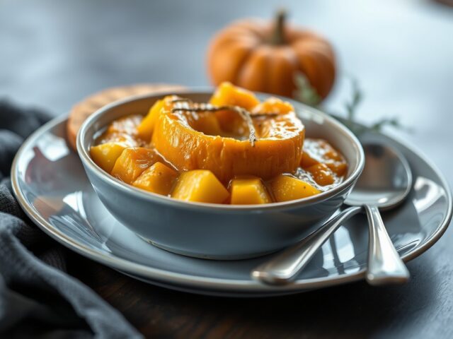 Kruidige Pompoen Purée met Rosbief uit de Oven — AI-gegenereerde illustratie