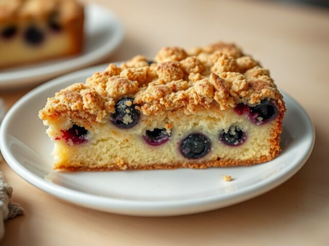 Kruimelcake met blauwe bessen en kaneel