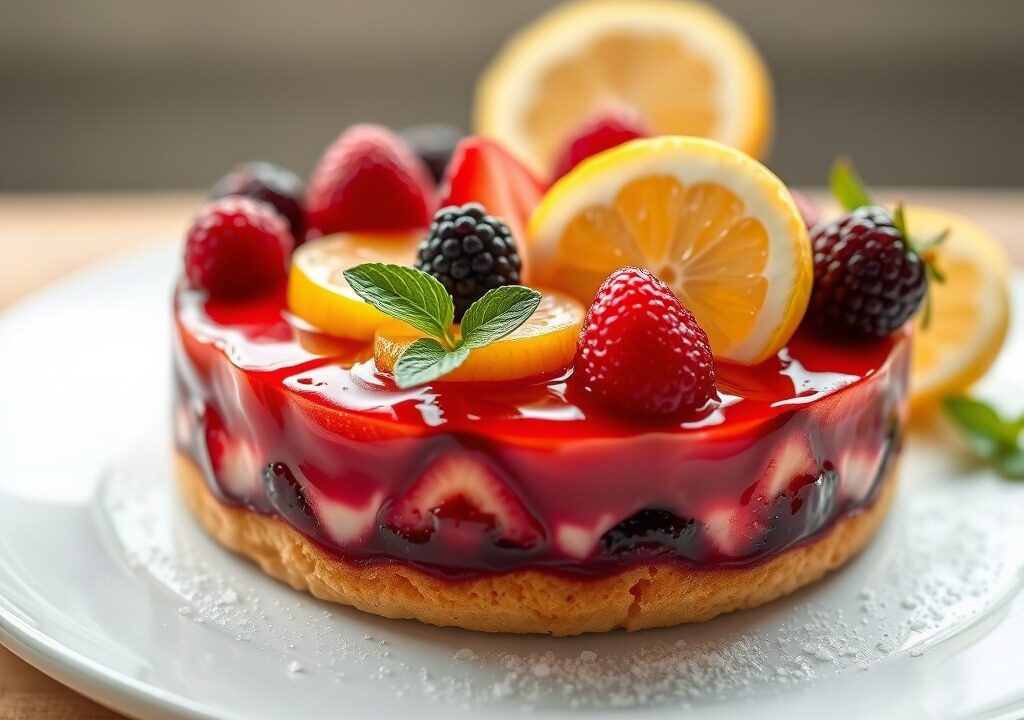 Kwarktaart met vers fruit, AI-gegenereerde illustratie