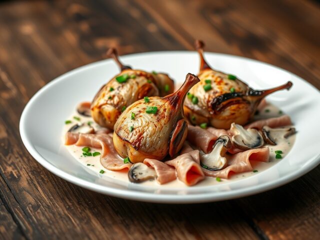 Kwartels met ham en saus van oesterzwammen