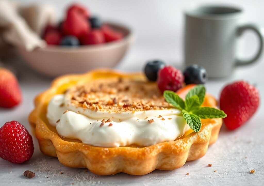Laagjestaart met aardbeien,mascarpone en room, AI-gegenereerde illustratie