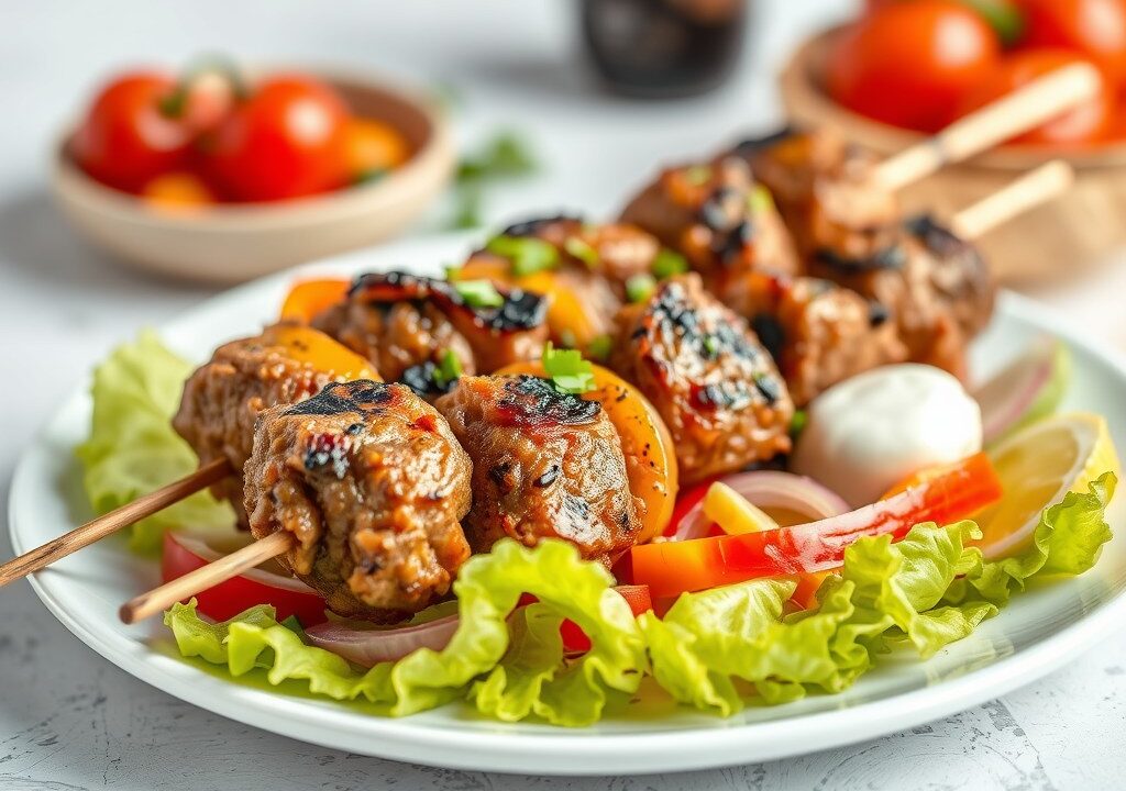 Lams Kebab voor Tandelozen + Paprika-Uien-Sla, AI-gegenereerde illustratie
