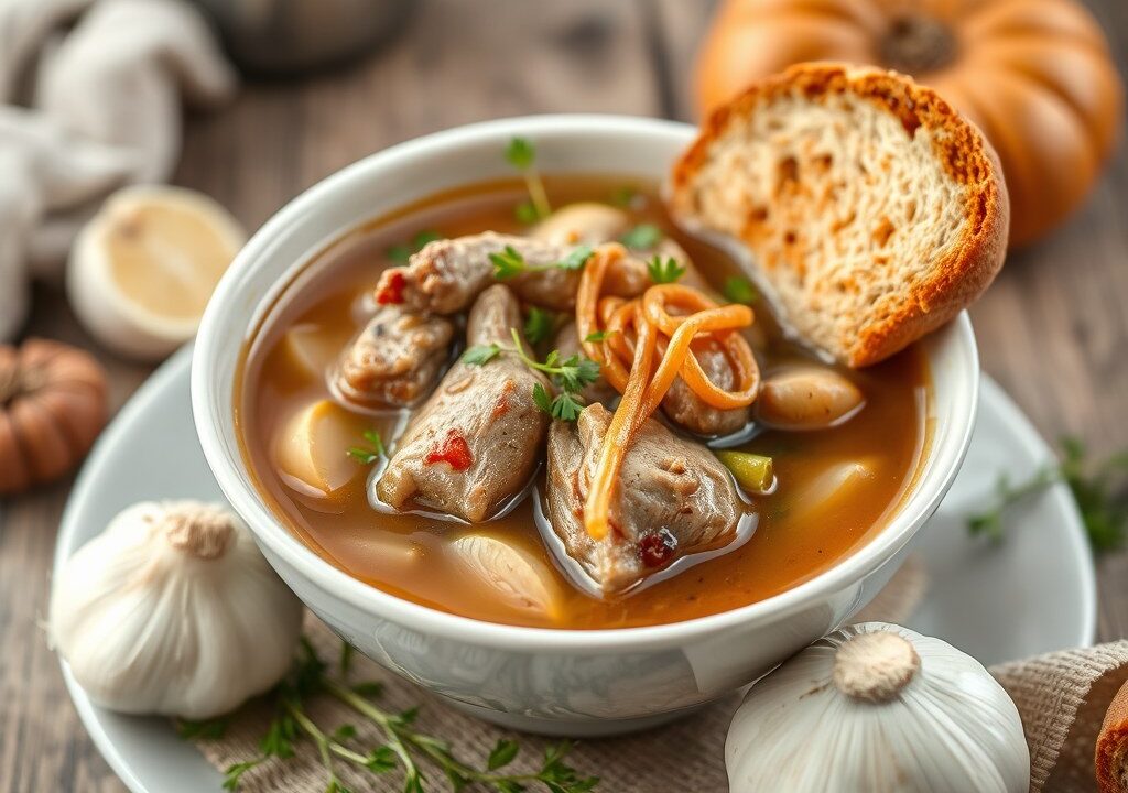 Lamsbouillon ‘Lady Curzon’ met gepocheerde lamsnek, AI-gegenereerde illustratie