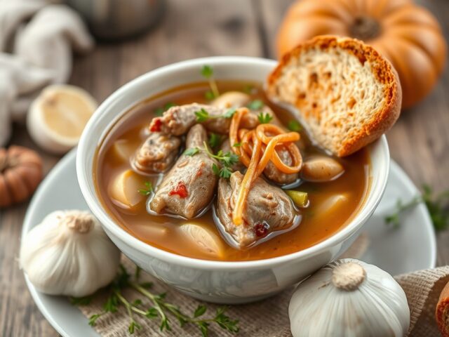 Lamsbouillon ‘Lady Curzon’ met gepocheerde lamsnek — AI-gegenereerde illustratie