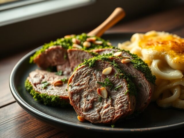 Lamsbout in persillade met een gratin van raapjes