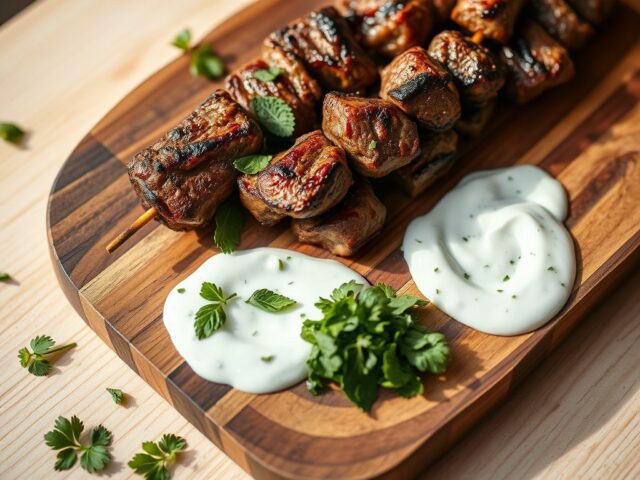 Lamsbrochettes met yoghurt en muntolie