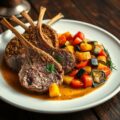 Lamscaré met ratatouille en een knoflookdragonsaus
