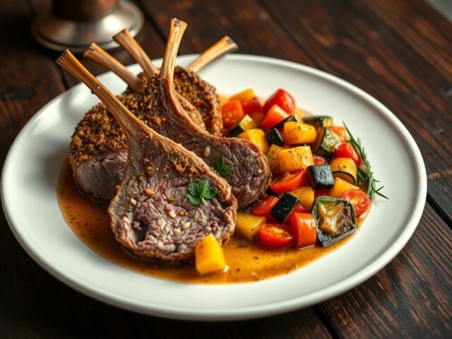 Lamscaré met ratatouille en een knoflookdragonsaus