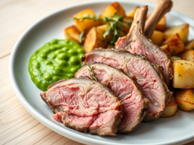 Lamsgebraad met erwtjespuree en aardappelen