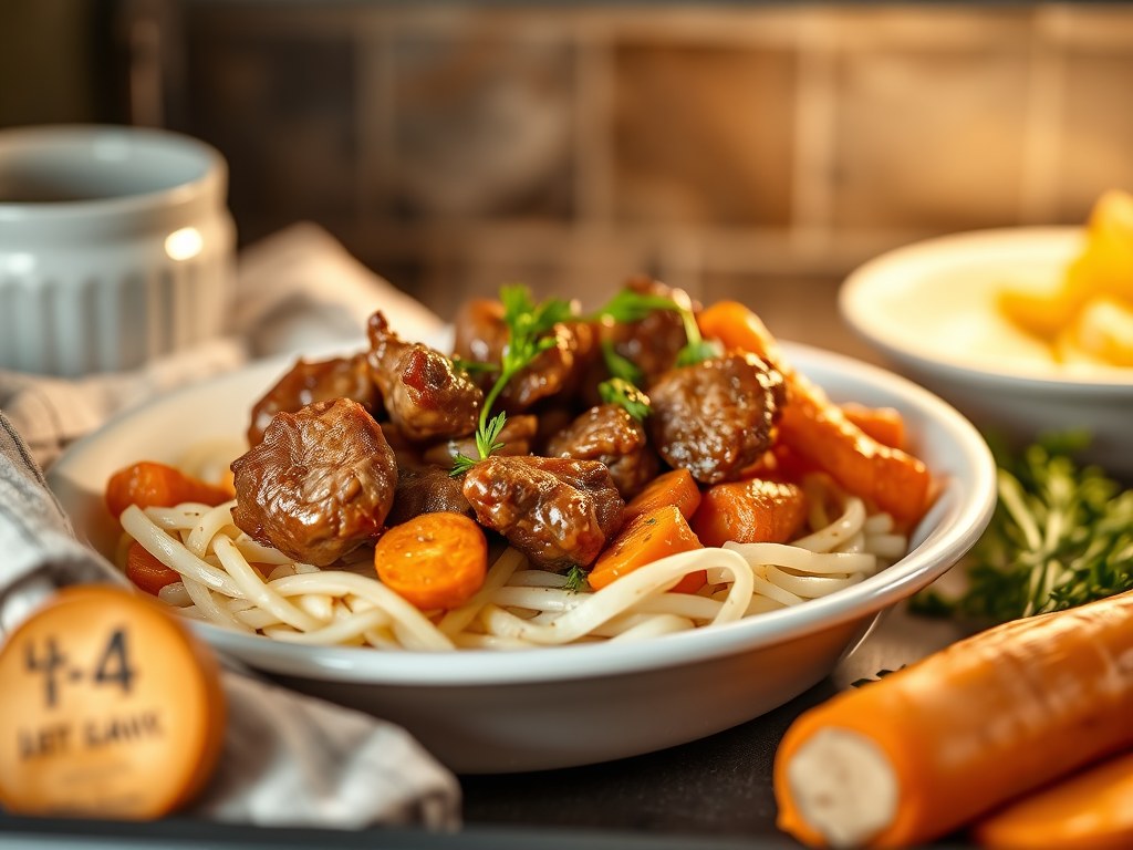 Lamsgebraad met groentjes in de oven, AI-gegenereerde illustratie