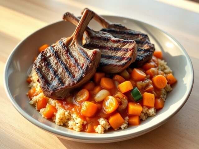Lamskoteletjes in een tomaten-sinaasappelsaus met couscous