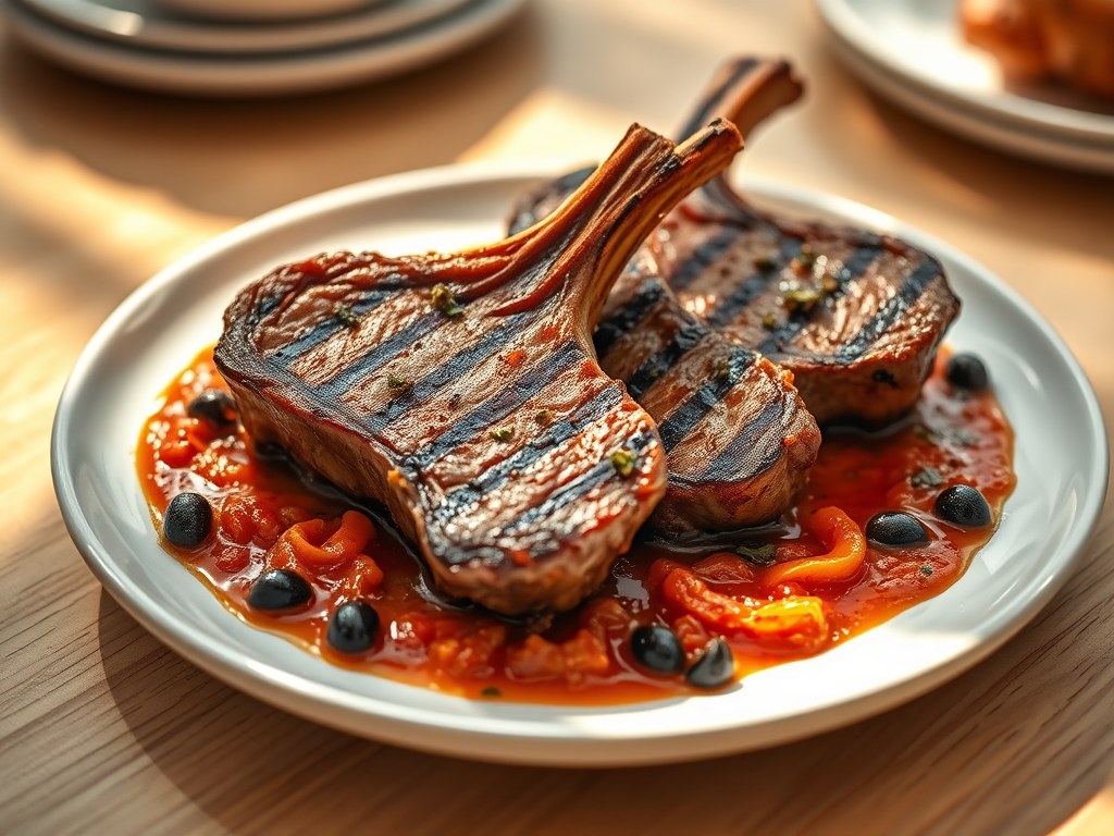 Lamskoteletjes met bitterzoete tomatensaus, AI-gegenereerde illustratie