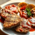 Lamskoteletjes met groenteflensjes en paprikasaus