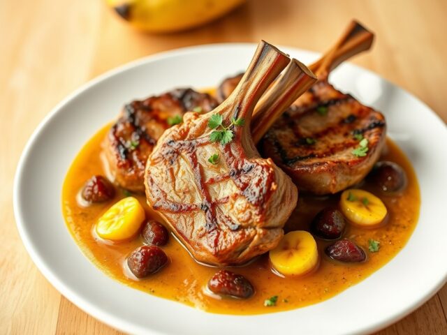 Lamskoteletten met curry en bananen
