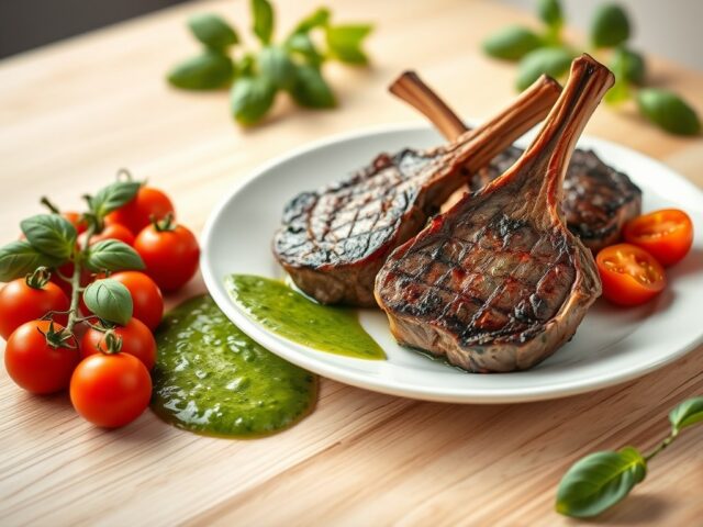 Lamskoteletten met tomaat en groene saus