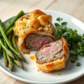 Lamsrug in filodeeg met asperges en voorjaarsgroen