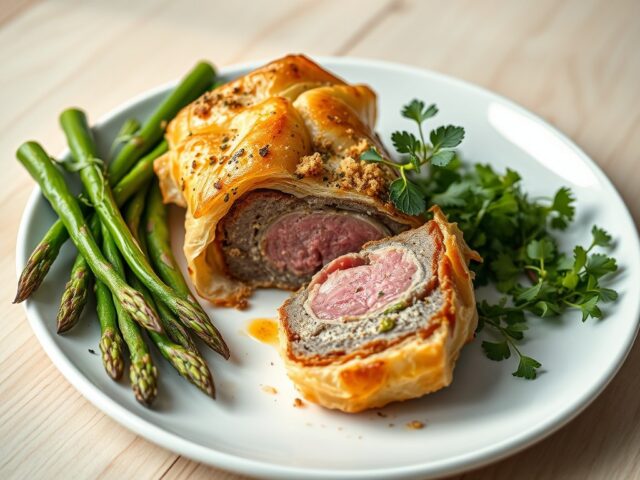 Lamsrug in filodeeg met asperges en voorjaarsgroen
