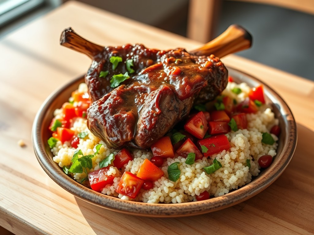 Lamsschouder met Knoflooksaus en Couscous, AI-gegenereerde illustratie