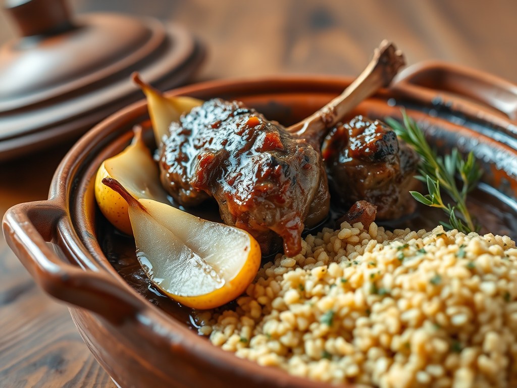 Lamsschouder Tajine met Peer en Burghul, AI-gegenereerde illustratie
