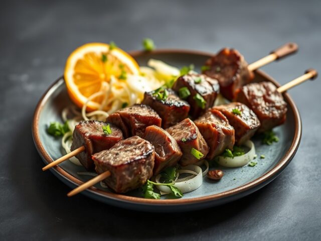 Lamsspies met venkel-sinaasappelsalade