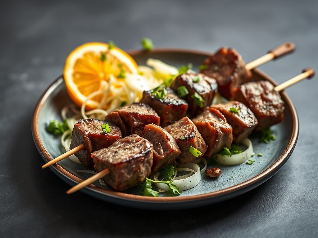 Lamsspies met venkel-sinaasappelsalade, AI-gegenereerde illustratie