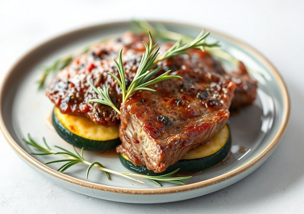 Lamsteak met rozemarijn en sandwichcourgette — AI-gegenereerde illustratie