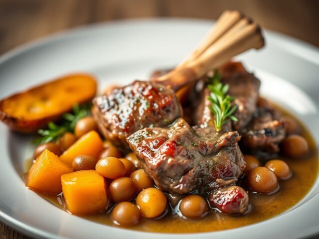 Lamsvlees met zoete aardappel en bonen