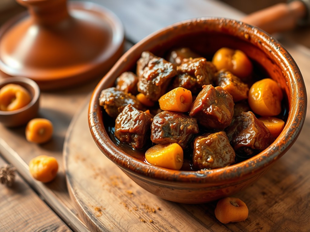 Lamsvlees Tajine met Abrikozen IV, AI-gegenereerde illustratie