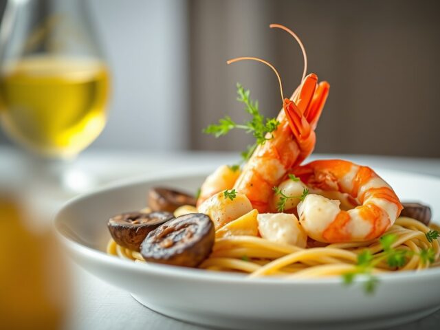 Langostinos (grote garnalen) op bladerdeeg