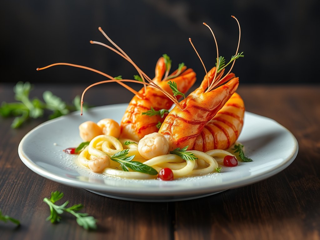 Langoustines met gekonfijt witlof, AI-gegenereerde illustratie