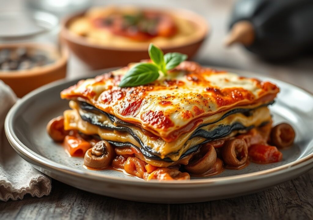 Lasagna met aubergine, mozzarella en rundergehakt — AI-gegenereerde illustratie