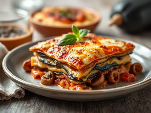 Lasagna met aubergine, mozzarella en rundergehakt — AI-gegenereerde illustratie