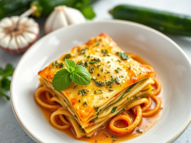 Lasagna met courgettesaus — AI-gegenereerde illustratie