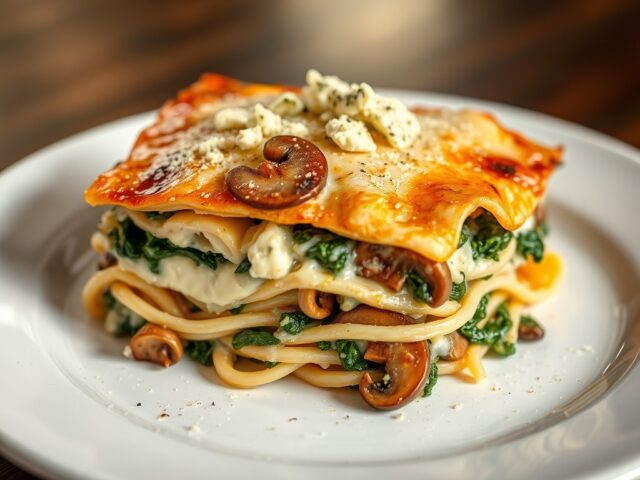 Lasagna met spinazie,ricotta en champignons