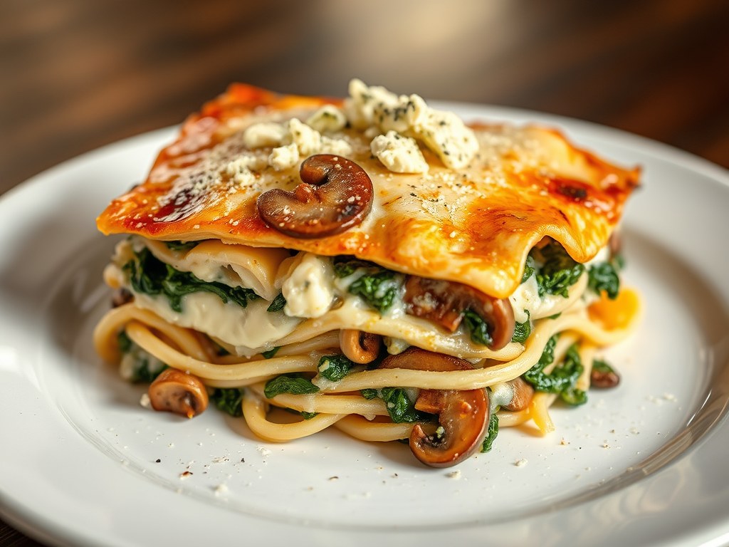 Lasagna met spinazie,ricotta en champignons, AI-gegenereerde illustratie