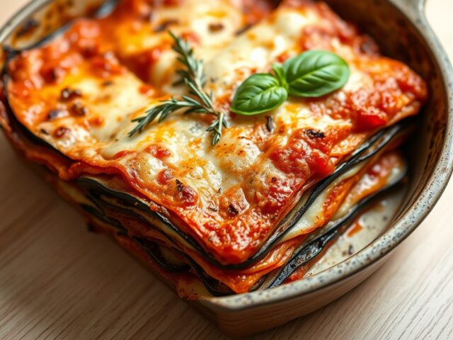 Lasagna van aubergine en twee soorten kaas