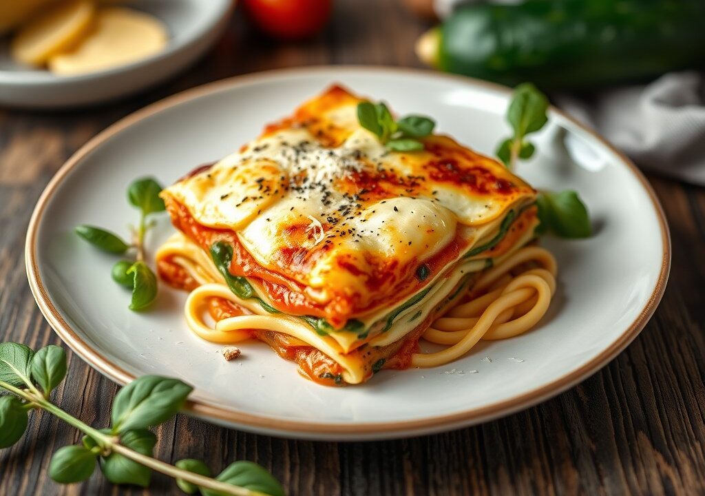 Lasagna van kaas en courgette., AI-gegenereerde illustratie