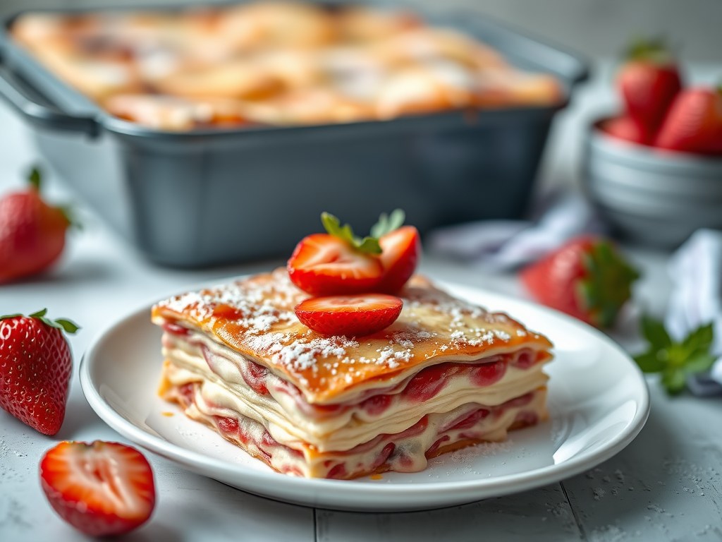 Lasagne met aardbeien, AI-gegenereerde illustratie