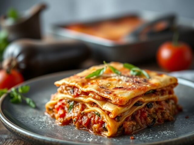 Lasagne met aubergine — AI-gegenereerde illustratie