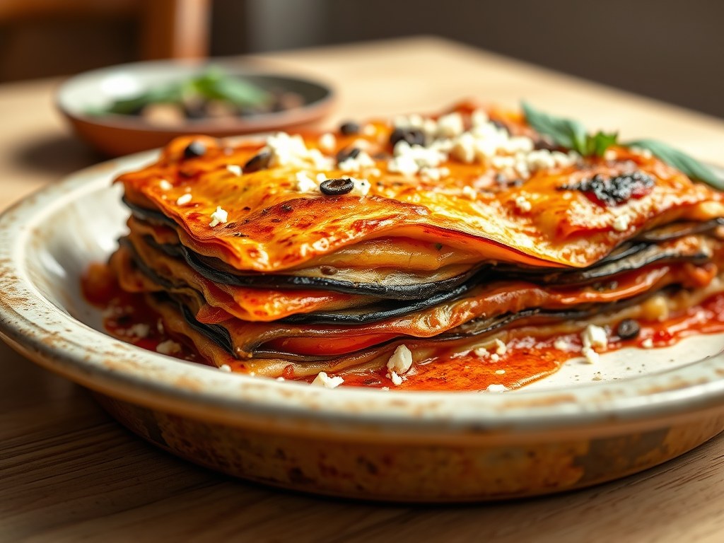 Lasagne met aubergine en tomaat, AI-gegenereerde illustratie
