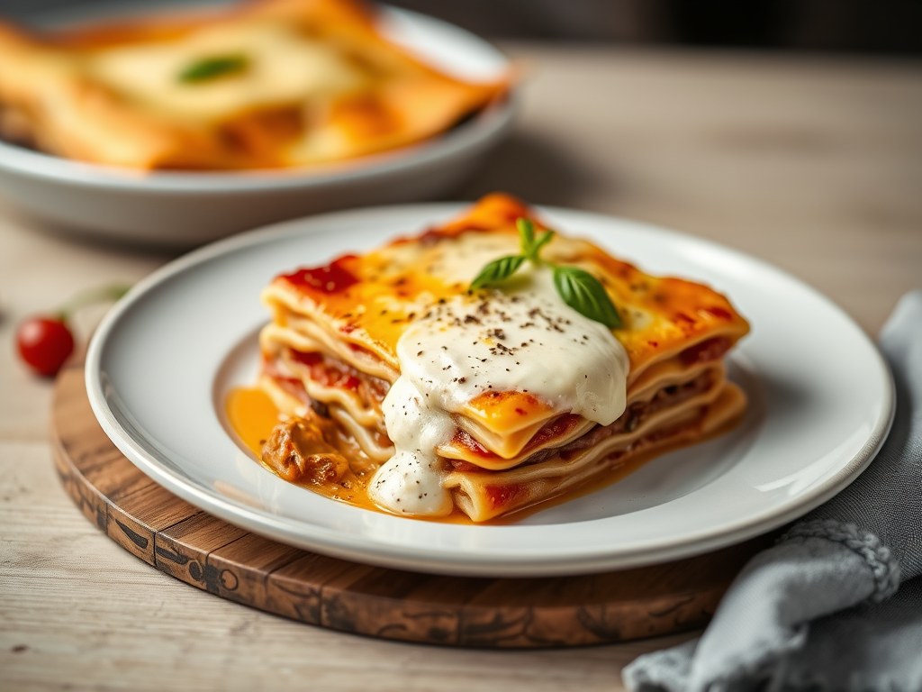 Lasagne met camembert, AI-gegenereerde illustratie