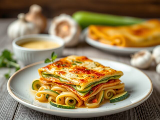 Lasagne met courgettesaus — AI-gegenereerde illustratie